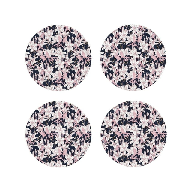 Easygdp Lilies Flowers or Leather Coasters Set of 4 Coaster, Non-Slip, Heat Resistant for Home, Office, Kitchen (Round,Square,Octagon,Hexagon)-Round Shape