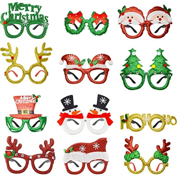 12PCS Christmas Glasses Frames, Christmas Decoration Glitter Party Glasses Frames for Christmas Party Christmas Dinner Photos Booth