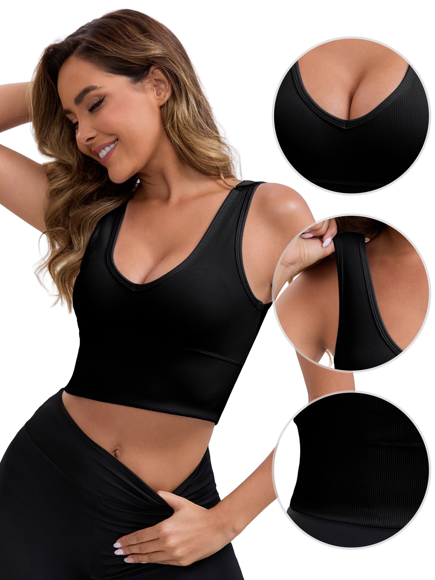 DARING DIVA Ribbed Sports Longline Push Up Crop Wide Strap Bras L Black