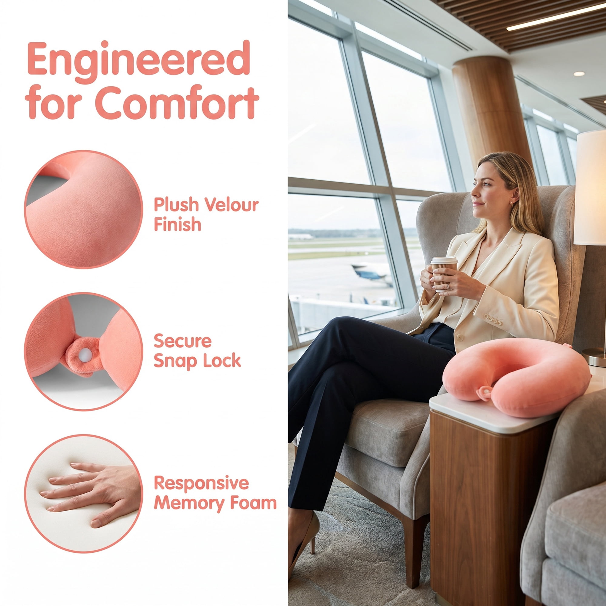Unique Bargains Memory Foam Travel U Shape Neck Pillow Snap Closure Orange Pink 12"x12"x4"