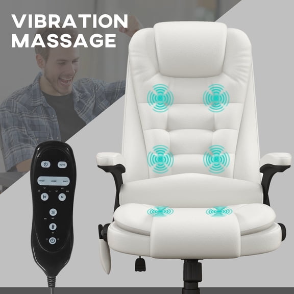 Office Chairs HOMCOM High Back Vibration Massage Office Chair with 6 Vibration Points, Heated Reclining PU Leather Computer Chair with Armrest and Remote, White,Mesh Office Chairs