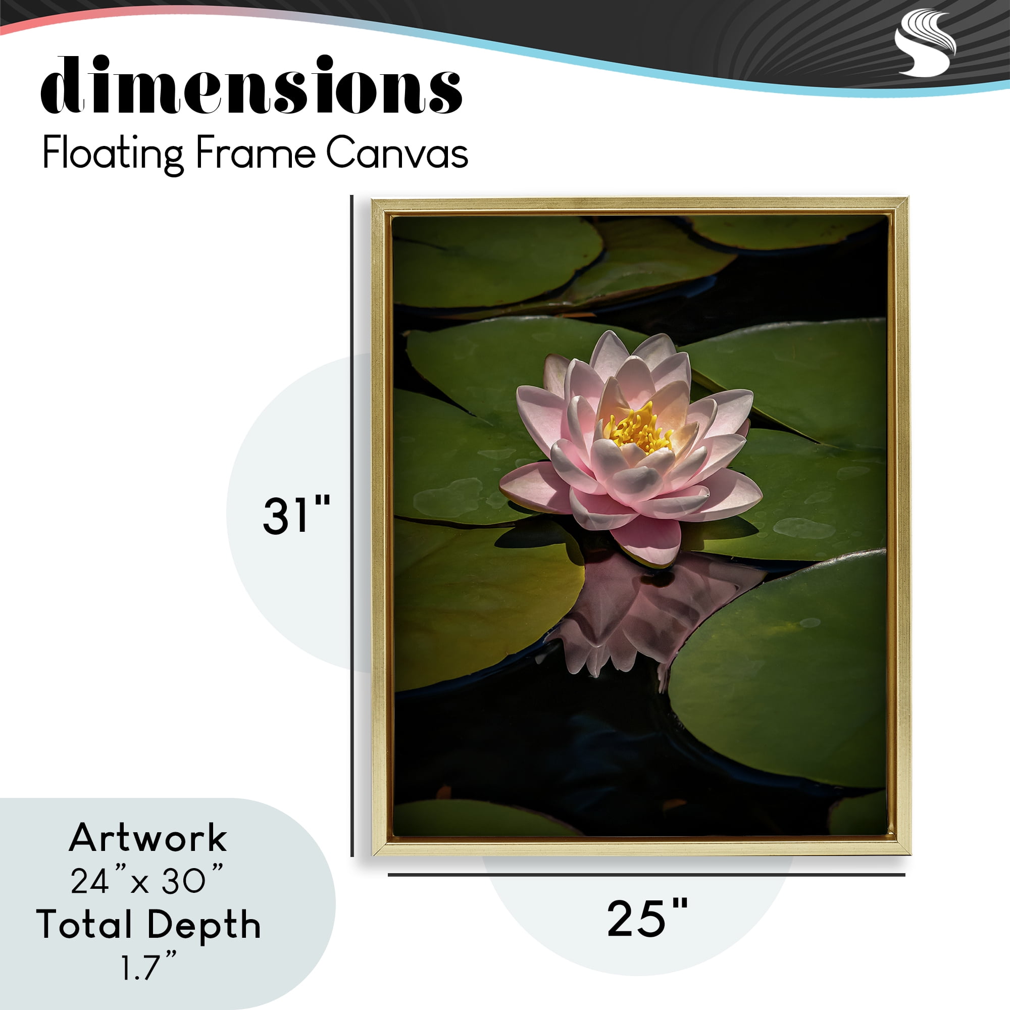 Pink Lotus Among Lily Pads Gold Framed Floater Canvas Wall Art, design by Phillip Flowers