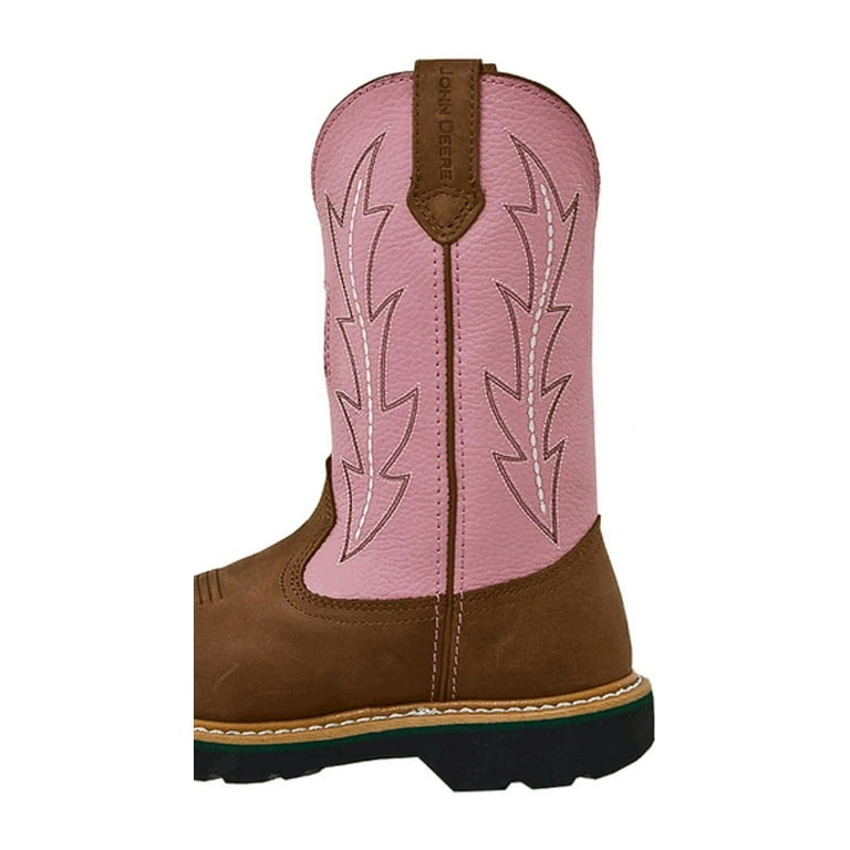 John Deere Work Boots Womens Round Toe Wellington Tan Pink JD3285