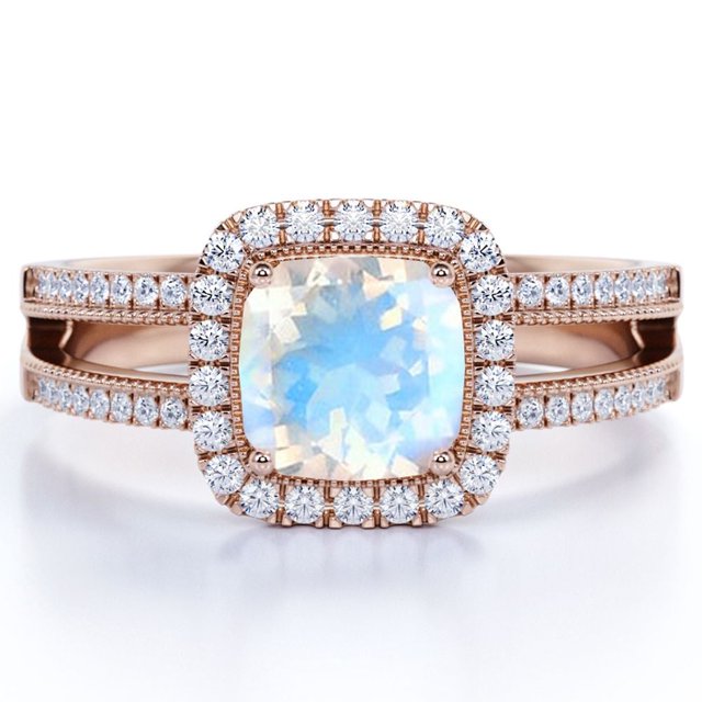 JeenMata Anillo de Bodas Vintage con Halo de Moissanita y Piedra Lunar Arcoíris de Talla Cojín de 1,75 Uds en Oro Rosa de 18 K sobre Plata