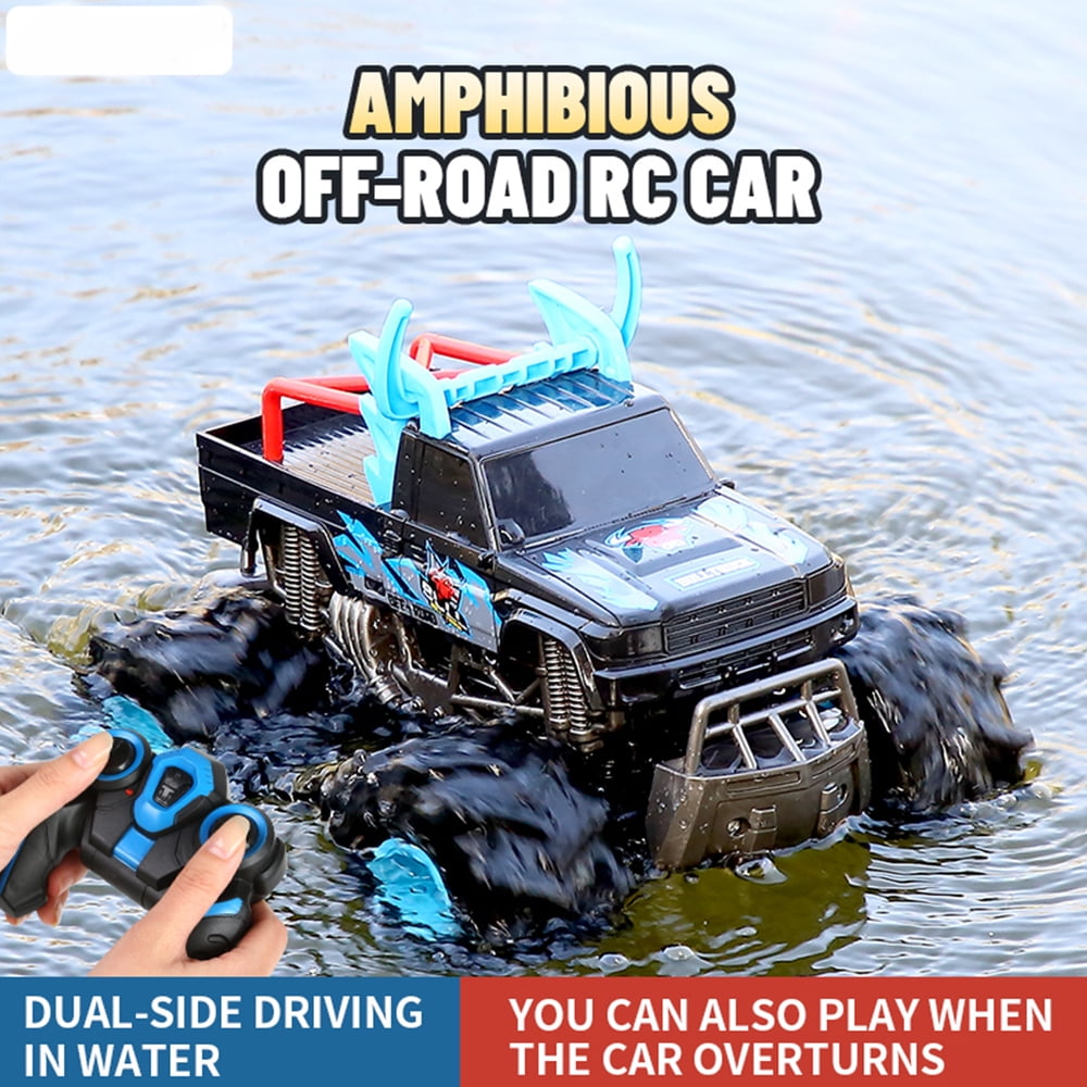 4WD Amphibious Remote Control Car - 2.4G High Speed Off-Road Stunt Vehicle, Waterproof Double-Sided Driving RC Car Toys Gift,,Blue，2 Battery