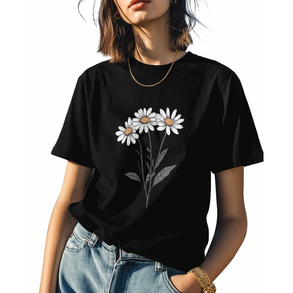 Women's T-Shirts, Wildflower Botanical Graphic Cotton Crewneck Tee Short Sleeve Casual Tops Loose Graphic T-Shirt Black, 3XL