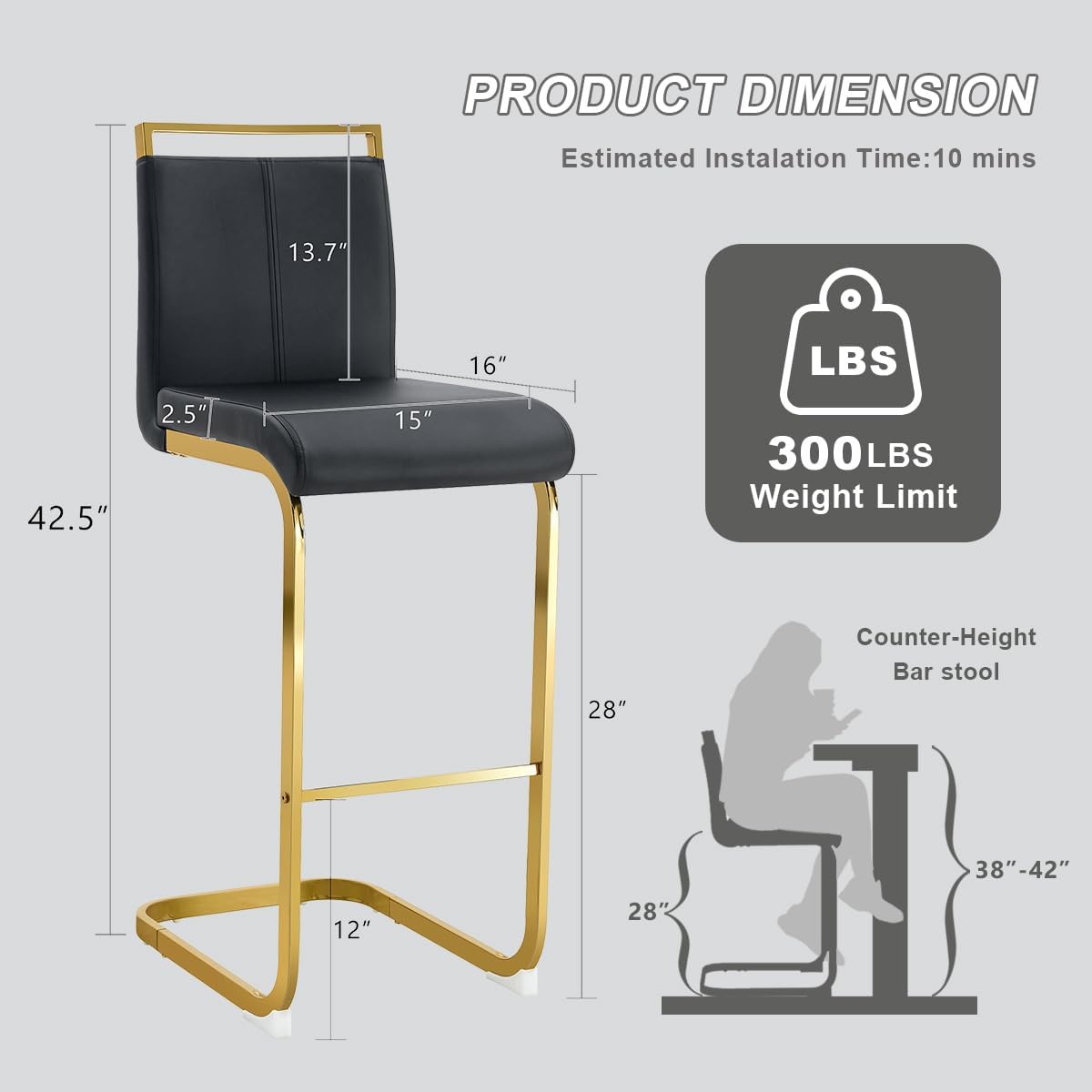 Lecut 30" Counter Height Bar Stools Set of 4, Modern Upholstered PU Leather Bar Stools with Back and Gold Chrome Plated Metal Frame, Armless Bar Chairs for Kitchen Island (Black+Gold)