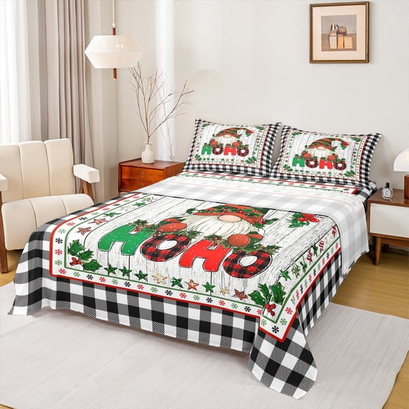 Feelyou Christmas Gnome Full Size Sheets, Black White Farmhouse Buffalo Bed Sheets, Western Countryside Sheet Sets, Super Cozy Room Decor, 4 Pieces
