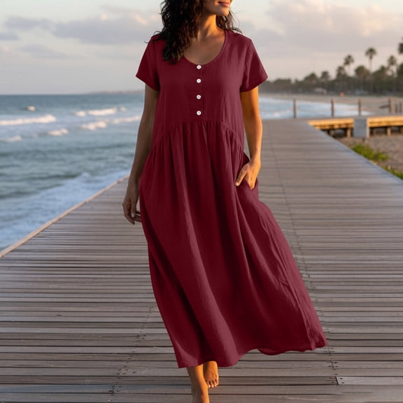 LVHAOGJOB Long Dresses for Women with Pockets Short Sleeve Maxi Dress Crew Neck Summer Cotton Linen Flowy Solid Color Mujers Sundress