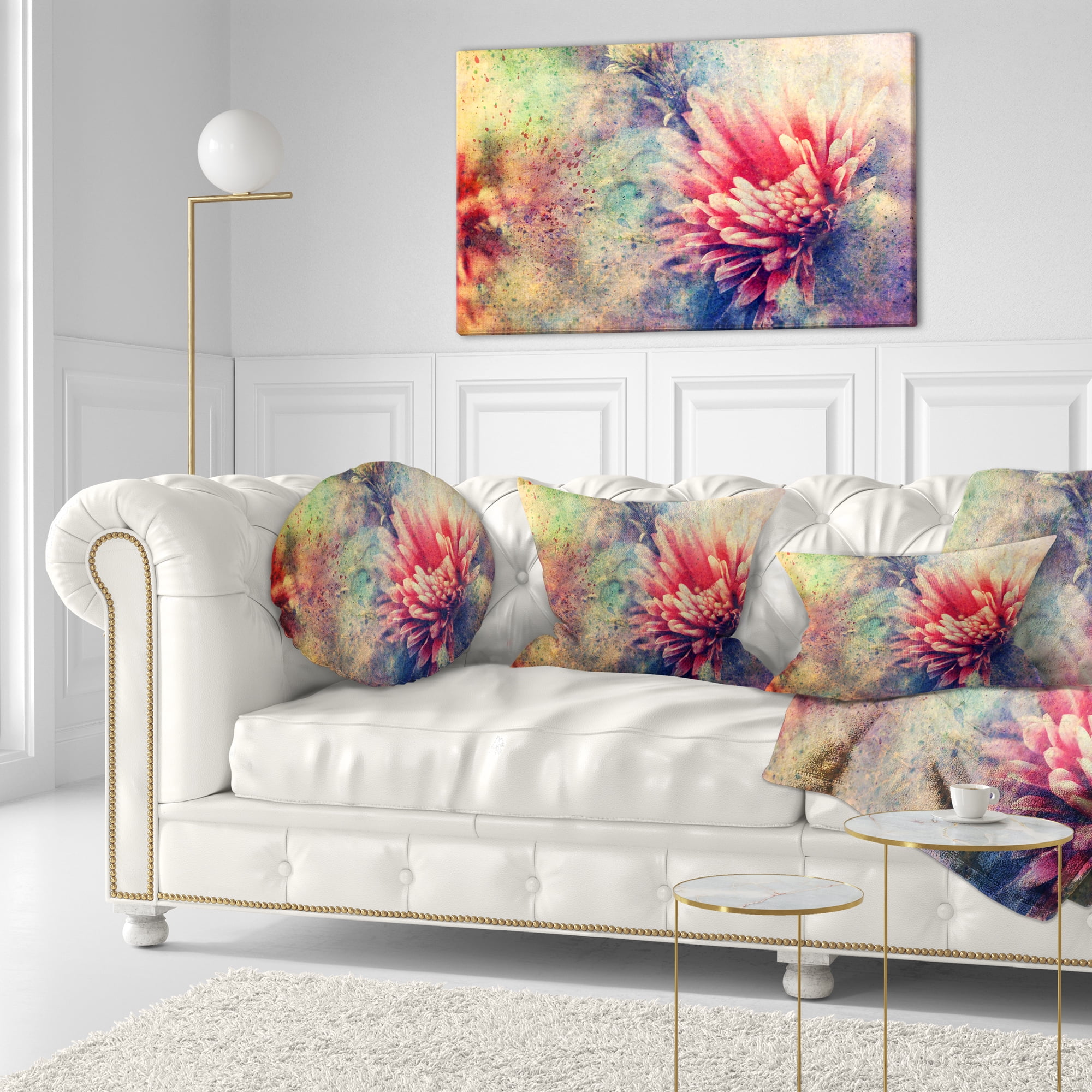 Designart Grunge Art with Flower and Splashes - Flower Throw Pillow - 12x20