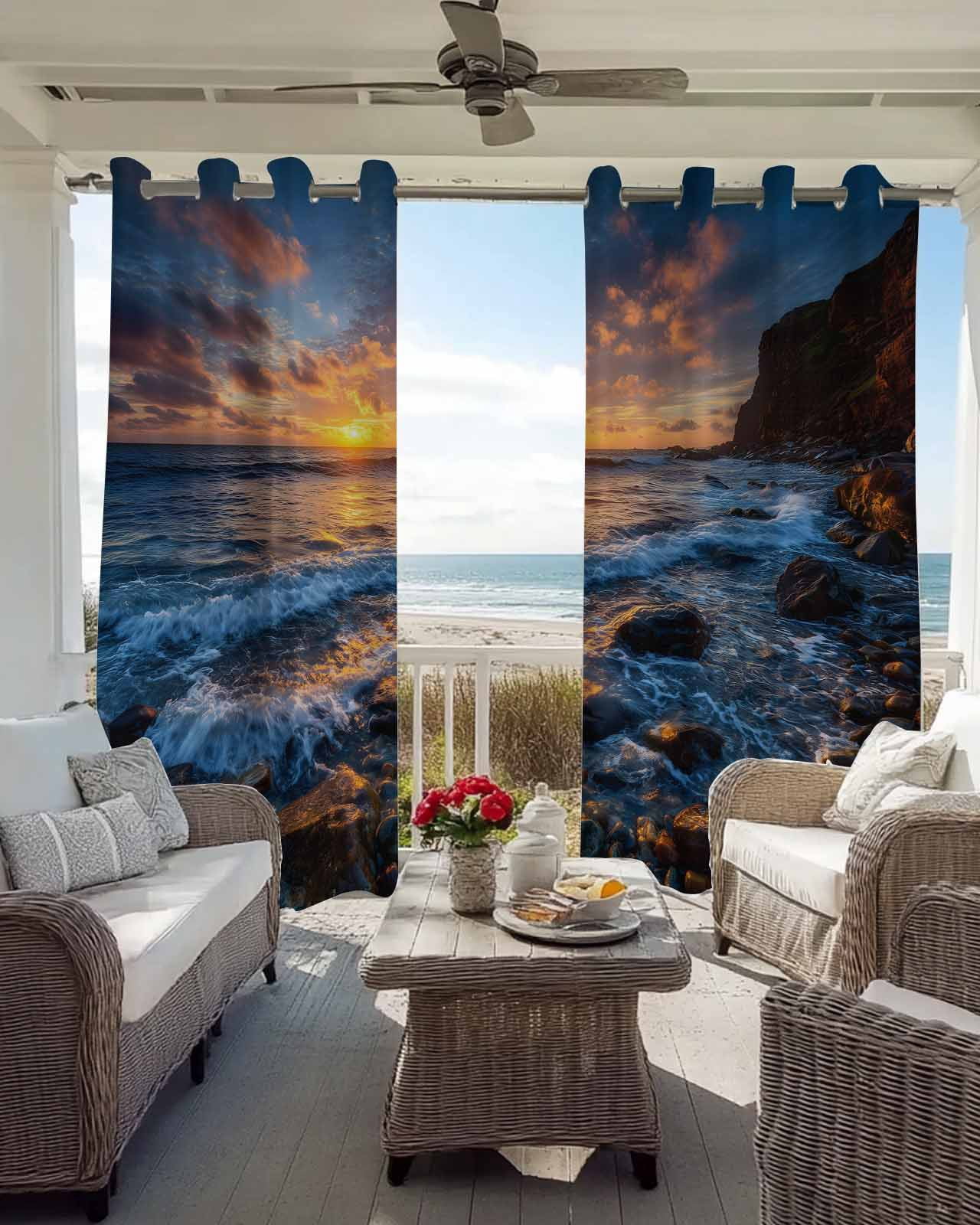 Beach Reef Blackout Curtains for Bedroom Living Room, Country Sunset Ocean Waves Reef Beach 39 In Long Thermal Insulated Room Darkening Drapes Grommet Window Treatments, 27.5 x 39 In
