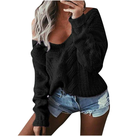 Aoochasliy Womens Sweaters Pullover Clearance Solid off Shoulder Pullover V-Neck Blouse Tops Sweater