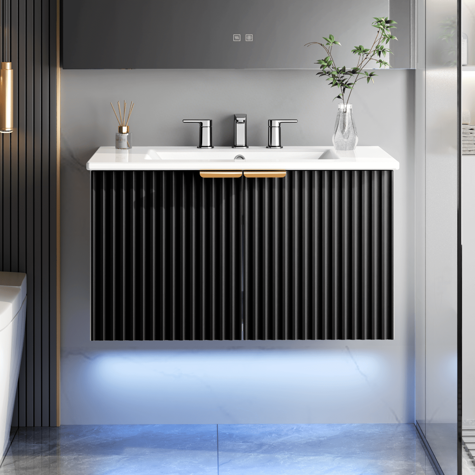 EVOKEDEN 30" Wall Mounted Floating Vanity Cabinet w/ LED Light, Metal Handle & Double Soft-Close Doors, Black
