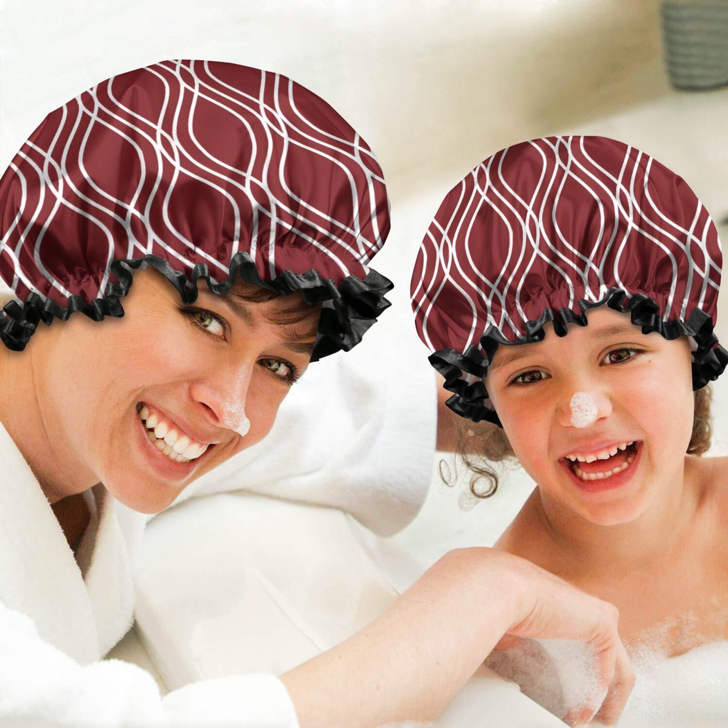 Shower Caps,Burgundy and White Wavy Pattern Waterproof Shower Cap for Women 4 Pieces,Double Reusable Hair Cover for Shower PEVA Elastic Stretch Hem