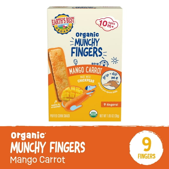 Earth's Best Organic Bite-Size Munchy Fingers Mango Carrot Puffed Baby Snack, 1.05 oz Box