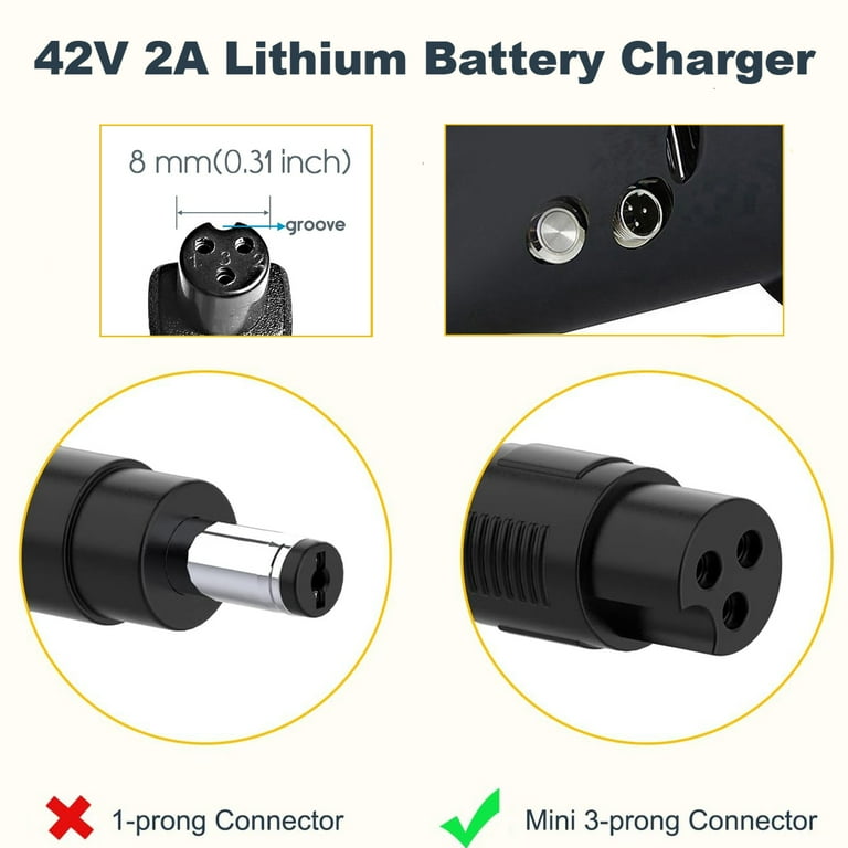 42V 2A Battery Charger for 36V Lithium Battery, Universal Power Supply  Adaptor with 8mm 3 Prong Connector