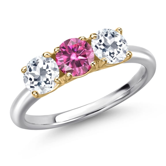 Gem Stone King 925 Silver and 10K Yellow Gold Pink Moissanite and White Topaz Engagement Ring for Women | 1.70 Cttw | Round 5MM | Gemstone Birthstone | Size 8