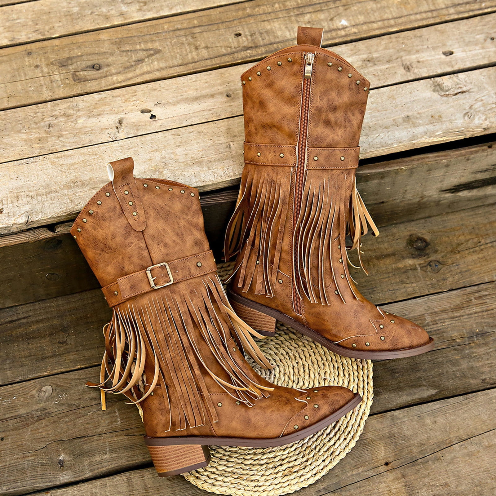 OKBOP Christmas Boots for Women Winter Chunky Heel Fringe