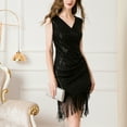 thumbnail image 4 of SWSMCLT Women's Sparkly Bodycon DressV Neck Wrap Sleeveless Shiny Ruched Mini Disco Vintage Formal Dance Cocktail Party with Fringe Tassel Midi Short Bandage Sequin Dress Black 8-10, 4 of 5