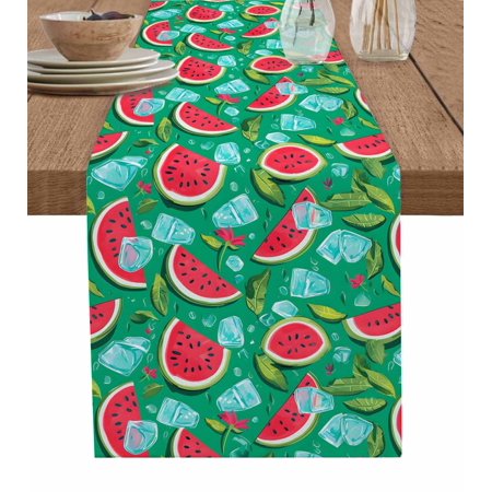 Summer Watermelon Table Runner 108 Inches, Green Tropical Ice Cubes Cartoon Bed Runner Dresser Scarves Tabletop for Indoor Outdoor Parties/Ceremony/Banquet, 13"x 108"