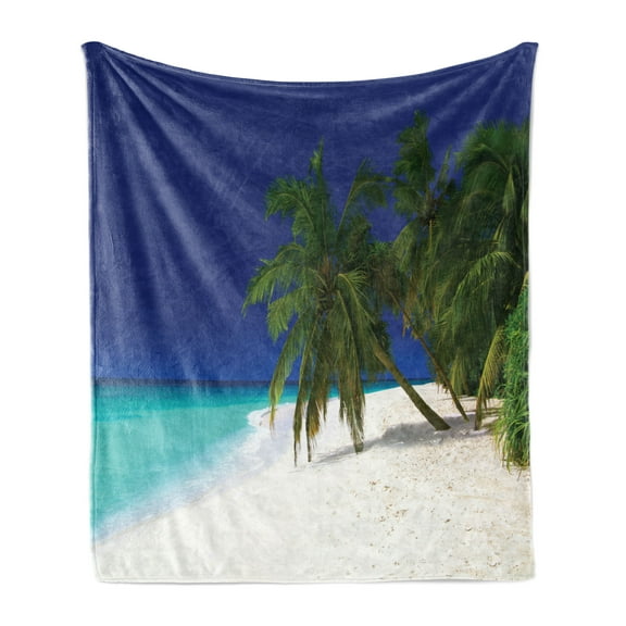 Ocean Soft Flannel Fleece Throw Blanket, Tropical Untouched Island Getaway Nature Coast Colorful View Picture, Cozy Plush for Indoor and Outdoor Use, 70" x 90", Navy Blue White, by Ambesonne