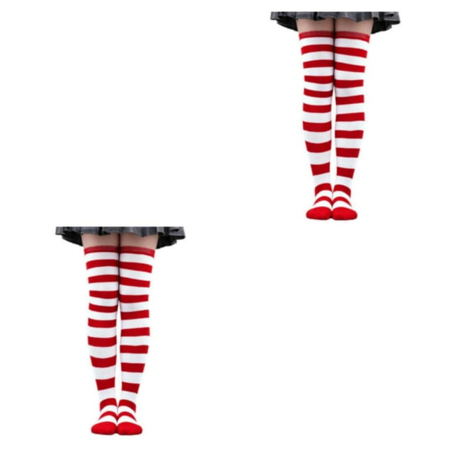 Shengyu Chaussettes Hautes Confortables à Rayures pour Costume Fête Douces et Confortables à Motifs Blanc Doux Rouge 50cm 2Set