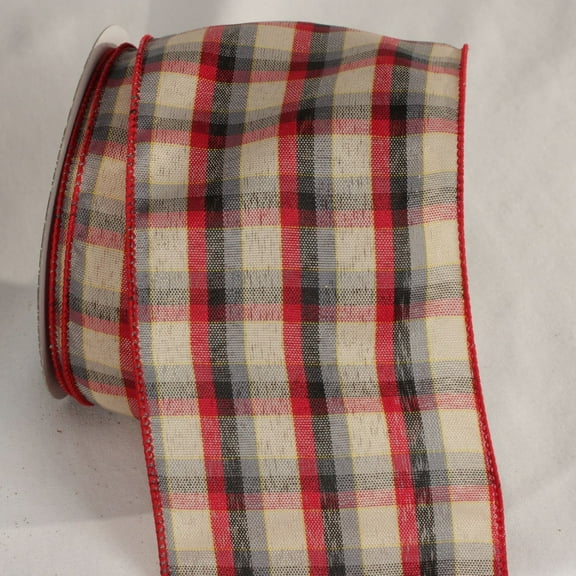 The Ribbon People Ivory and Red Tartan Wired Ribbon 4" x 20 Yards