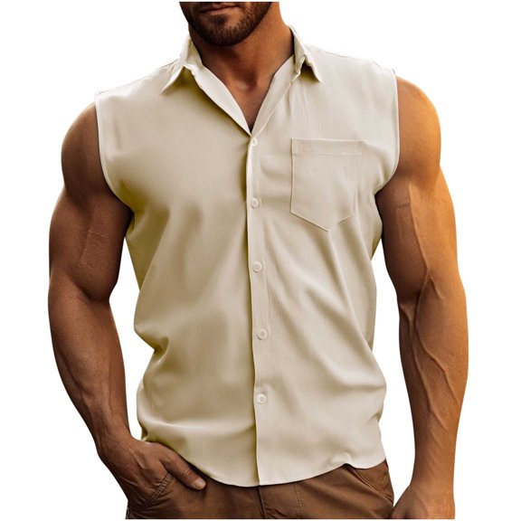 LpwkSSA Mens Sleeveless Shirt Top Turn Down Collar Design Button Front Chest Pocket Lightweight Fabric Casual Silhouette for Daily Outings Beige M