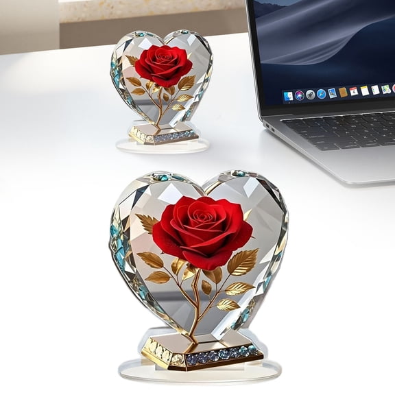 Zoowood Home Room Decor Aesthetic 2D Flat Acrylic Red Rose Heart Statue Desk Decorative Figurine for Office Shelf Love Wedding Gift