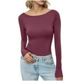 thumbnail image 4 of Blmnix Cotton Womens Tops Summer 2026 Pullover Compression Shirt Boat Neck Long Sleeve Red Cold Shoulder Tops,XS, 4 of 5