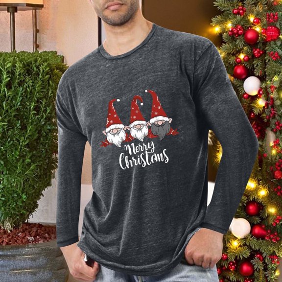 SYMOID Pajamas Mens Christmas Long Sleeve T-Shirt - Gray, Gnome & Merry Christmas, Soft Stretchy Casual Crew Neck, Sizes M-XXXXL,Size XL