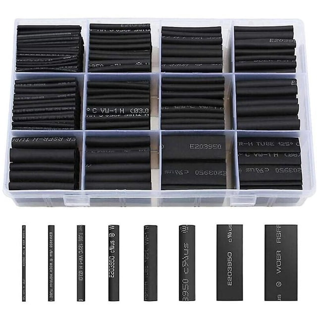 Tubo termorretráctil 650 piezas Tubo termorretráctil negro 8 tamaños Relación 2:1 Kit de tubo termorretráctil, negro