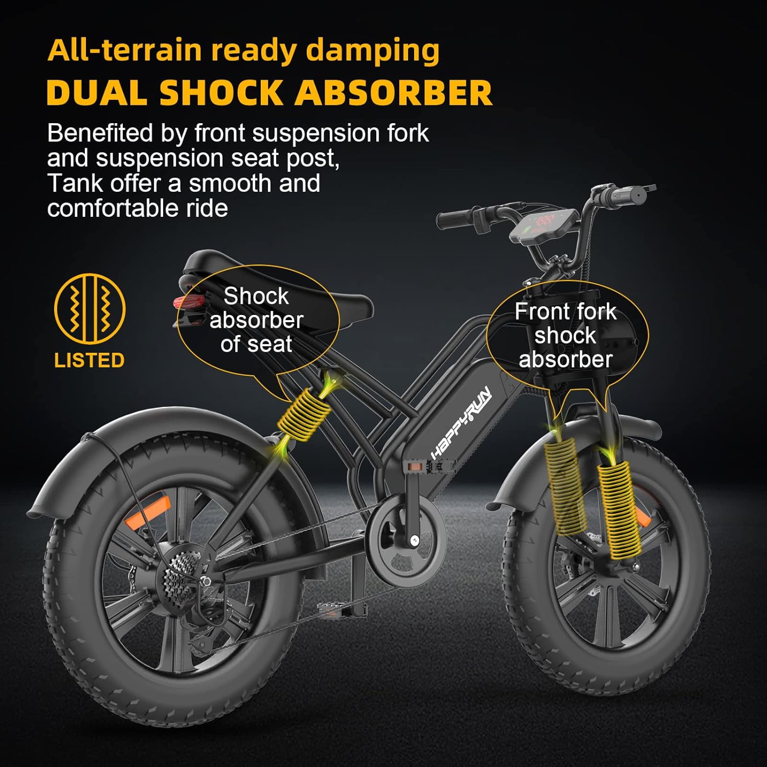 Happyrun Electric Bike for Adults 20" Fat tire with 750W Motor Ebike 48V 18AH Removable Battery 20MPH & 68 Miles
