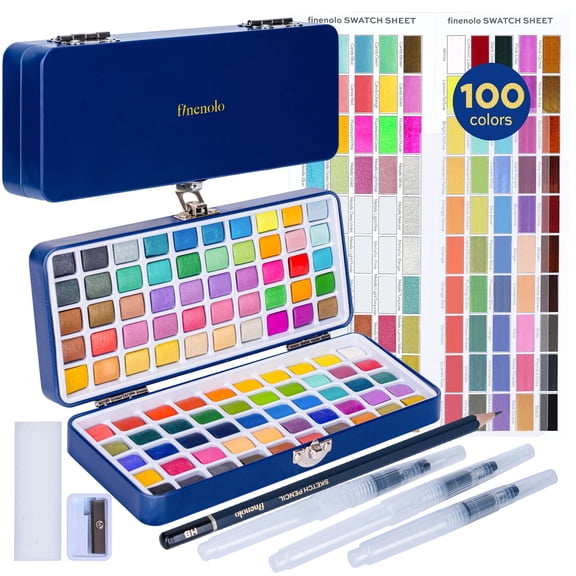 Finenolo 100-Color Watercolor Paint Set with Metallic Macaron Fluorescent Colors, Professional Grade Watercolor Paints for Artists Beginners Illustrators, Art Supplies Kit