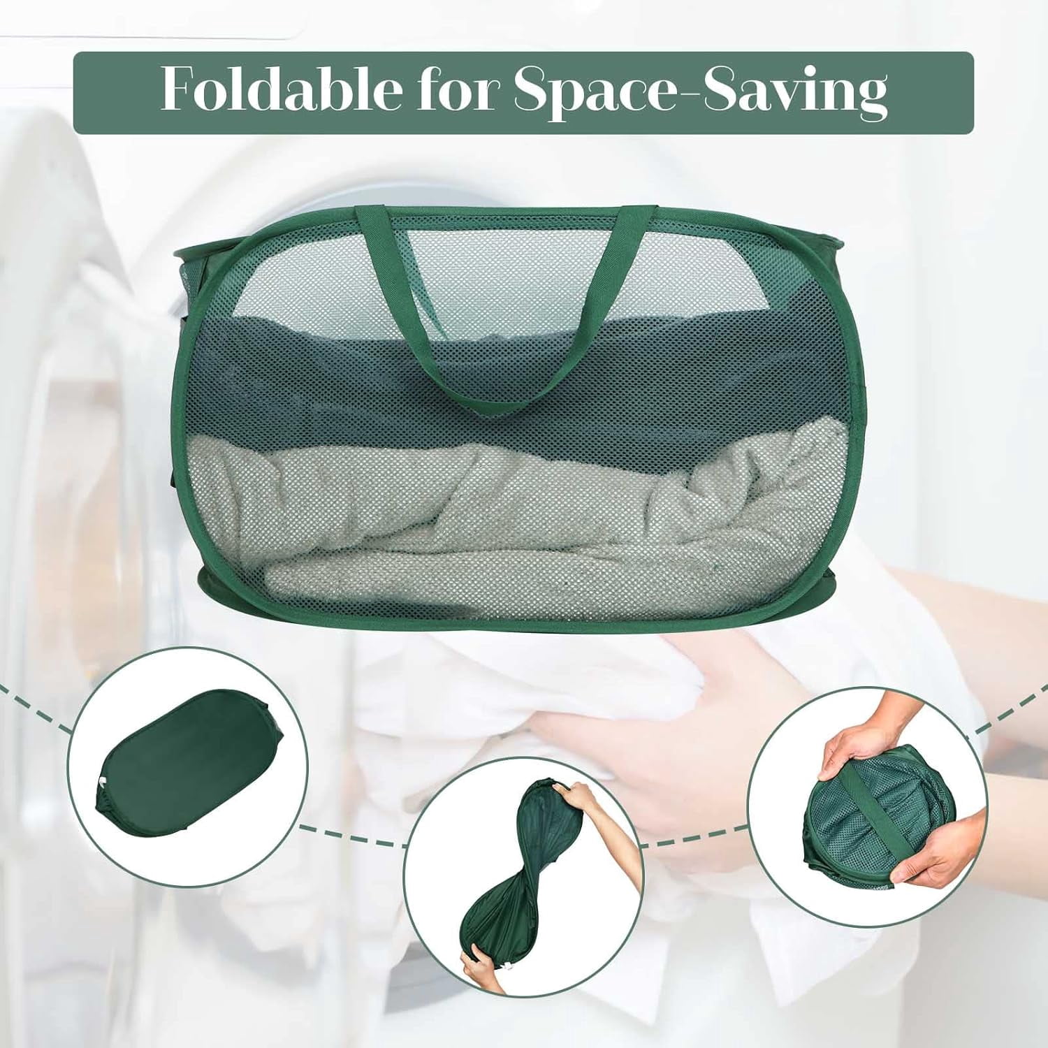 Kiibsot Strong Mesh Pop Up Laundry Basket, Collapsible Laundry Hamper with Side Pocket, Foldable Clothes Hamper with Durable Reinforced Handles for Laundry, Bathroom, Kids Room, Dorm or Travel