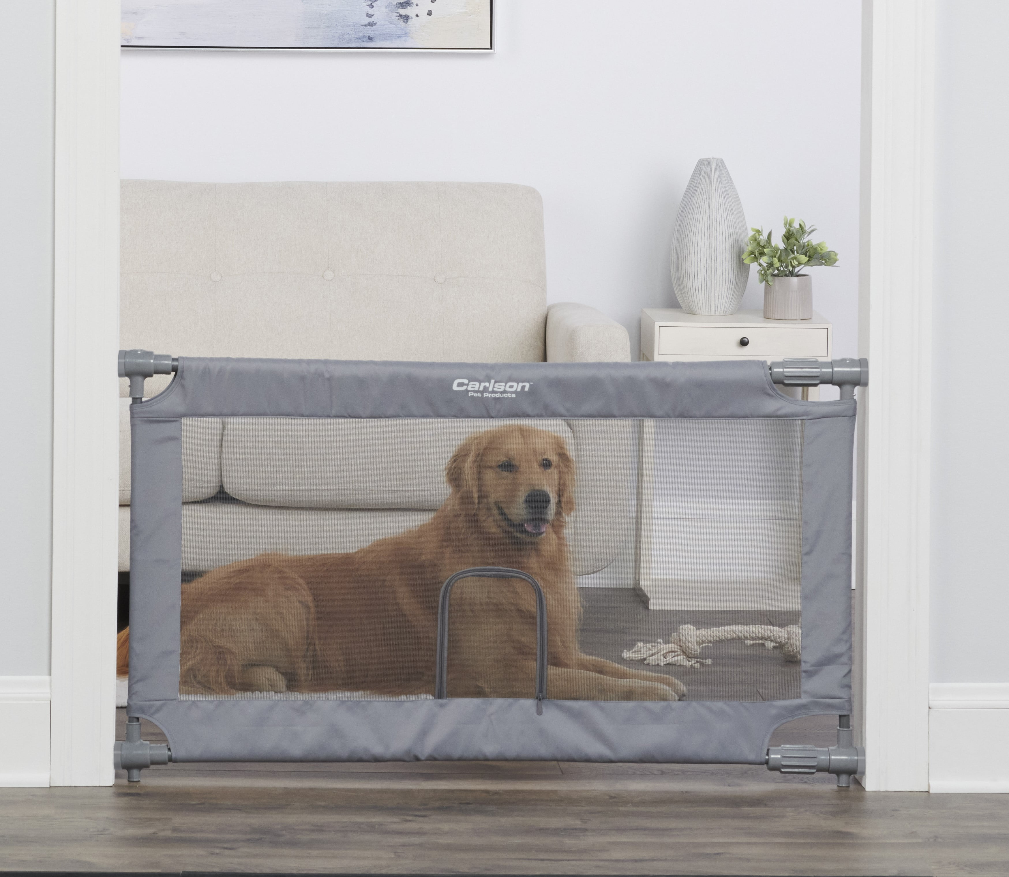 Carlson Extra Wide Gray Mesh Expandable Pet Gate with Small Pet Door Mesh includes Rubber Bumpers Doors and Hallways