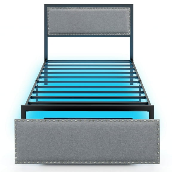 Infans Twin Size Bed Frame with Storage Drawer Metal Platform Bed with LED Lights