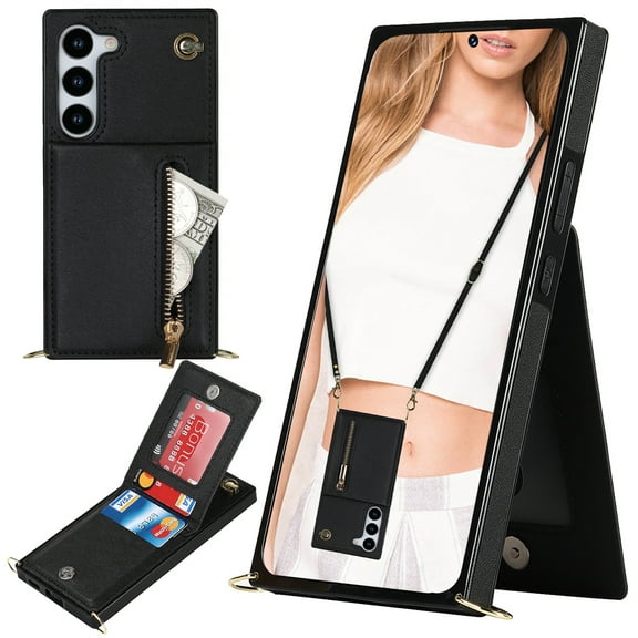 CCSmaller Crossbody Wallet Case for Samsung Galaxy S23, PU Leather Zipper Handbag Purse Flip Cover with Kickstand Case for Samsung Galaxy S23 ZP Black