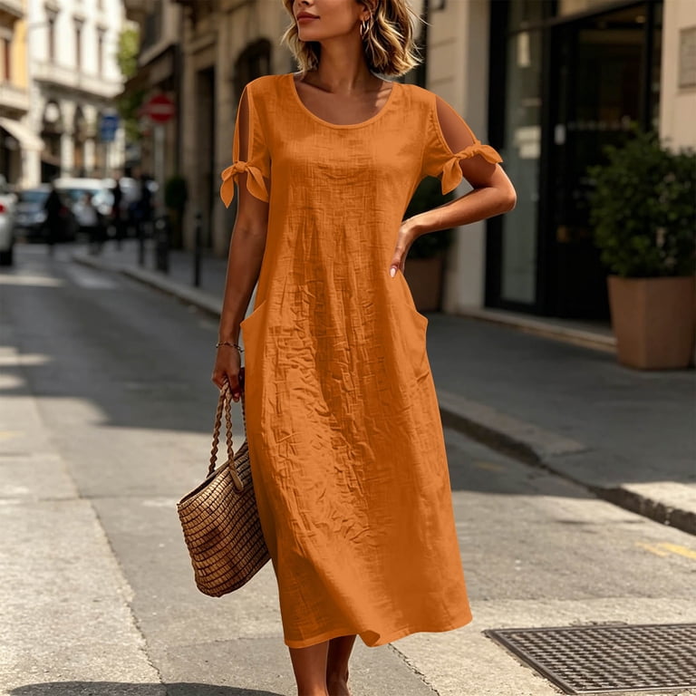 casual linen dresses Puff Dress Summer Midi Women Linen Pleated Dress SimpleLinenLife which allows its casual shortening Cotton Linen Dress for Women