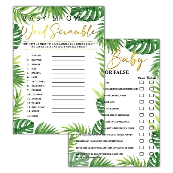 Woodland Adventure Baby Shower Game Set - 30 Engaging Activities with Answer Card, Double-Sided Fun, True or False, Word Scramble, Perfect for Jungle Safari Gender Reveal Celebrations