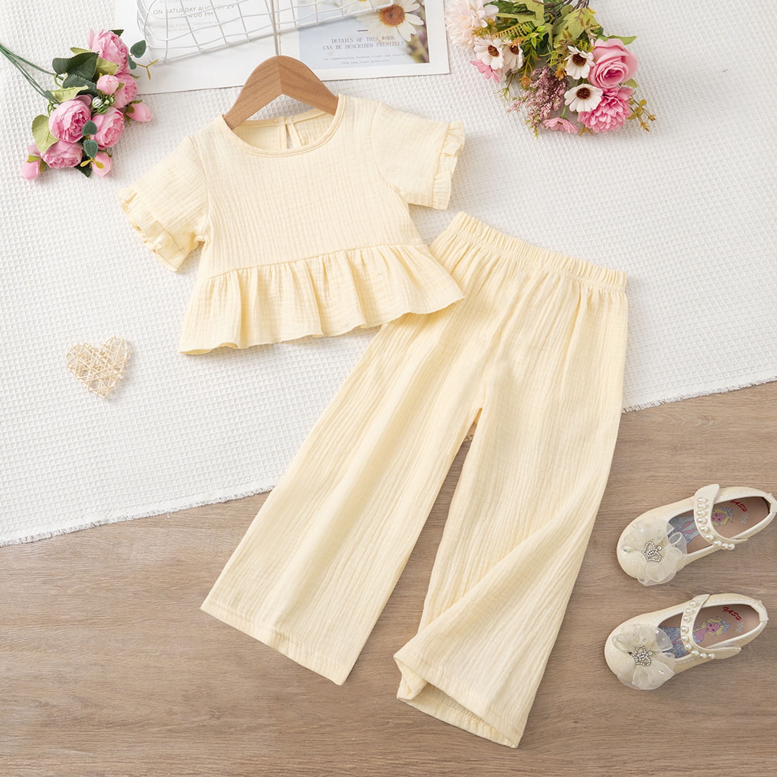 Faraee Toddler Girls Linen Outfit Ruffle Sleeve Shirt Wide Leg Pants Clothes Baby Girl Summer Beach 2 Piece Clothing Set 2t 3t 4t 5t 6t 7t Beige