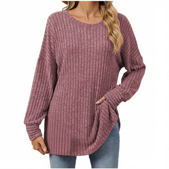 Lenpel Women's Tunic Tops Ribbed Knit Long Sleeve Crew Neck Side Split Loose T Shirts Soft Casual Tee Blouses Fall Fashion Outfits(Red,X-Large)