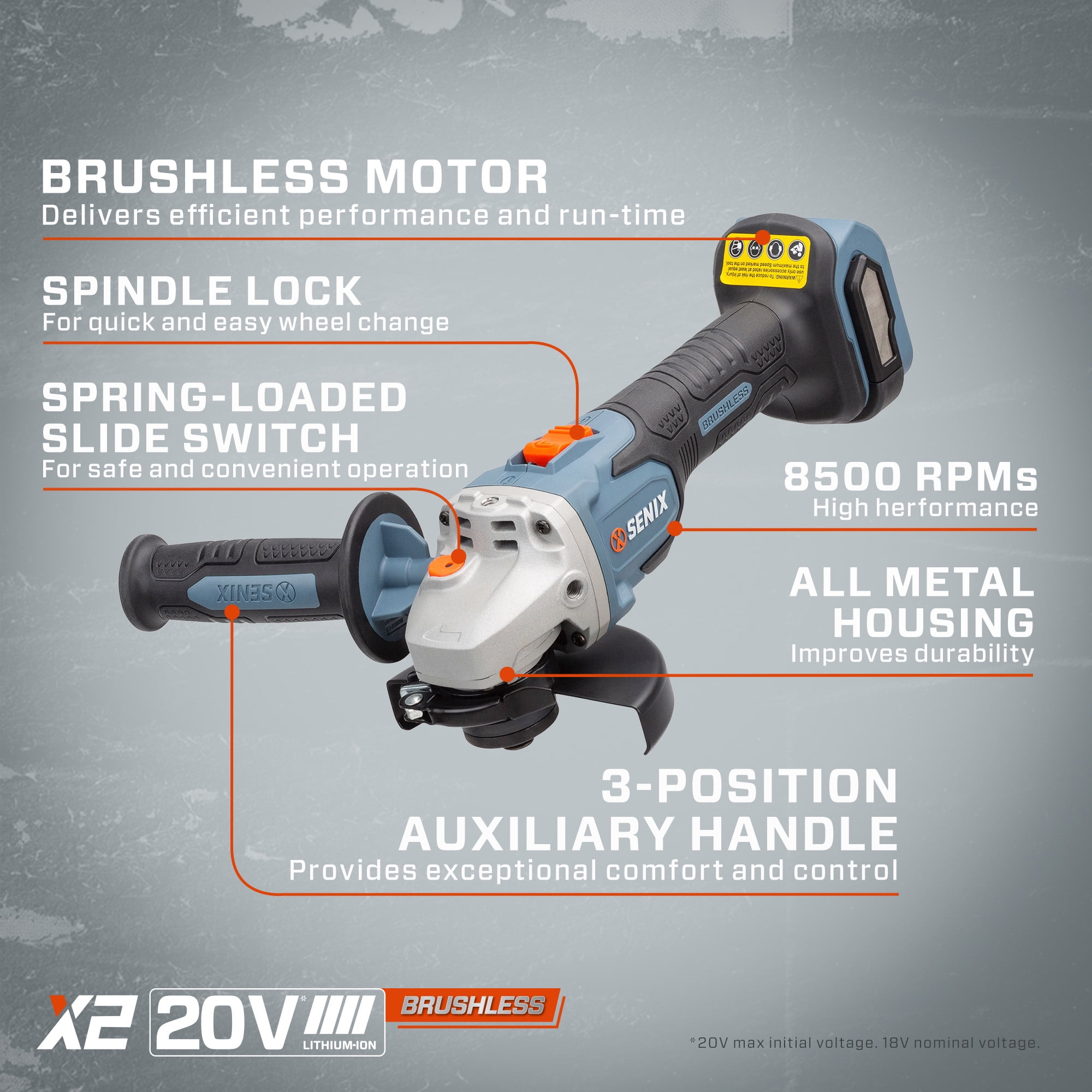 SENIX 20 Volt Max* 5-Inch Brushless Angle Grinder, 8500 RPM Max, 3-Position Auxiliary Handle (Tool Only), PAX2125-M2-0