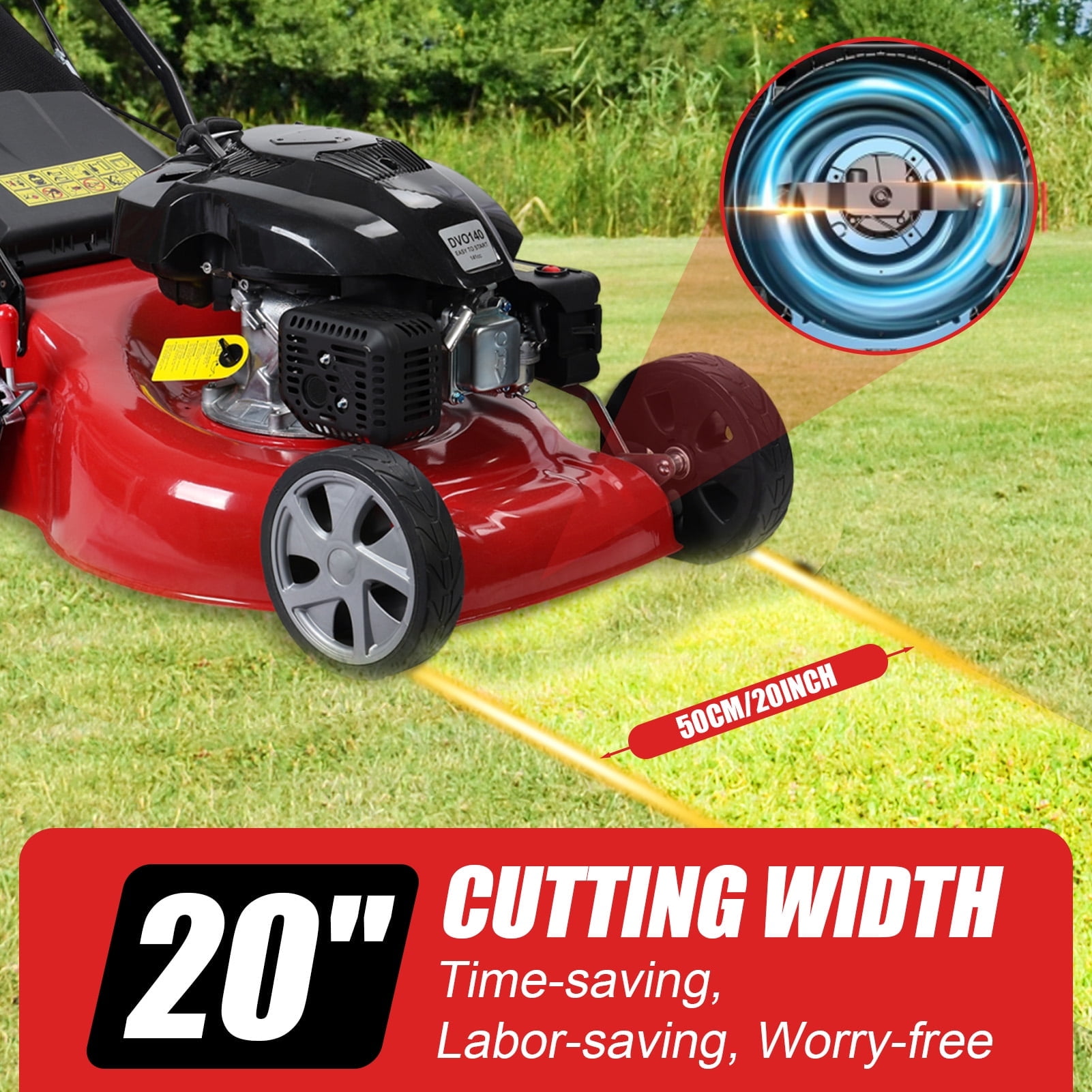 Fompes 20-Inch Gas Push Lawn Mower with 141 cc 4-Cycle Engine, 7-Position Dual Lever Height Adjustment Self Propelled Lawn Mower with 50L Grass Tank, Big Wheels