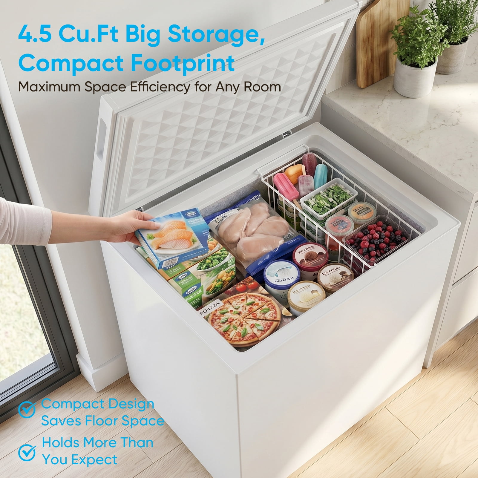 TABU Chest Freezer, 5.0 Cu Ft Deep Freezer with Adjustable Temperature, Compact Freezer with Top Open Door (White)