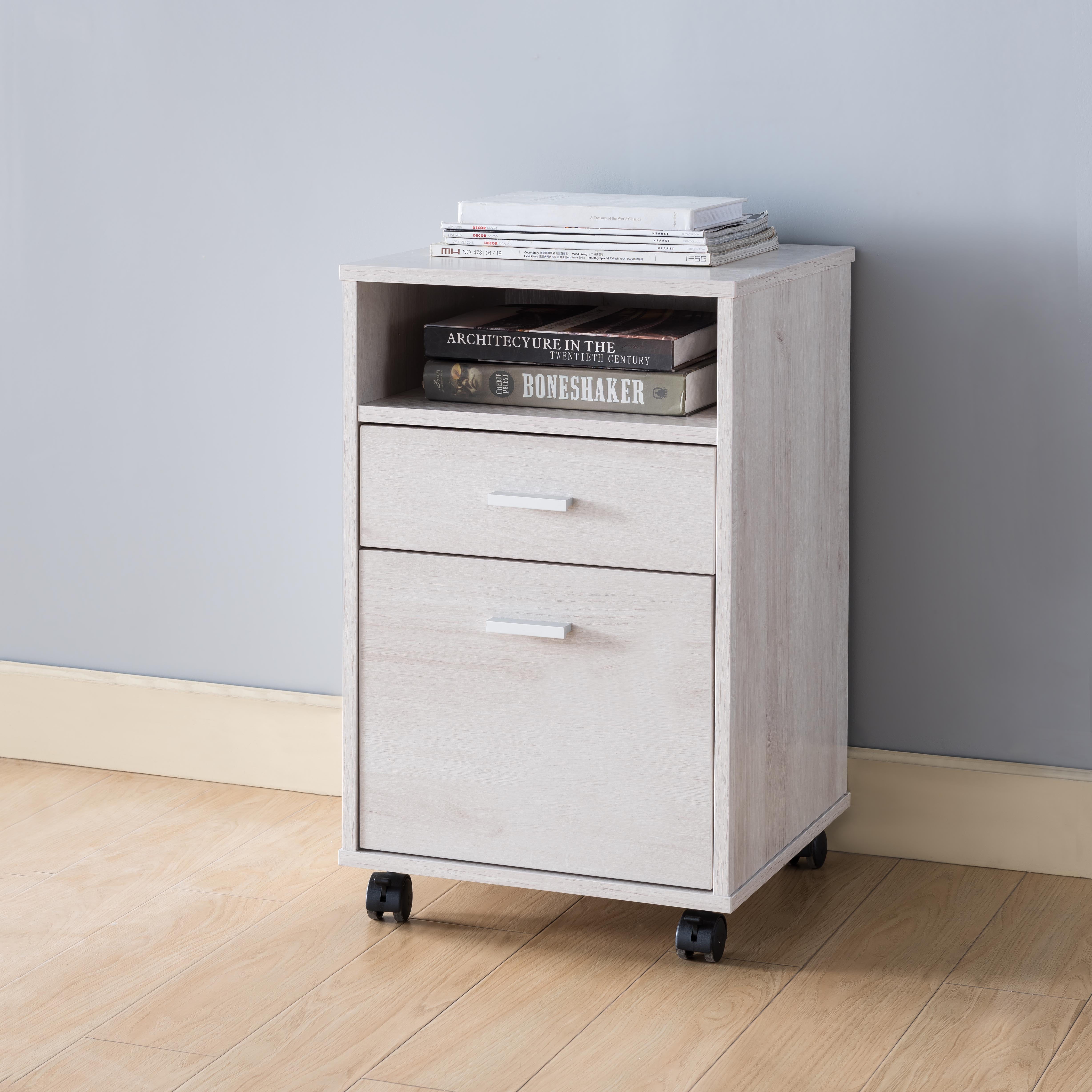 Transitional Modern Rolling File with 2 Drawers & Shelf, White