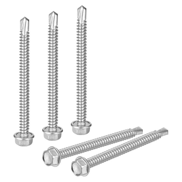 Uxcell 100 Paquete #14 x 3" Tornillos autorroscantes, Tornillos autoperforantes de acero inoxidable 410 para metal, Cabeza de arandela hexagonal para chapa metálica