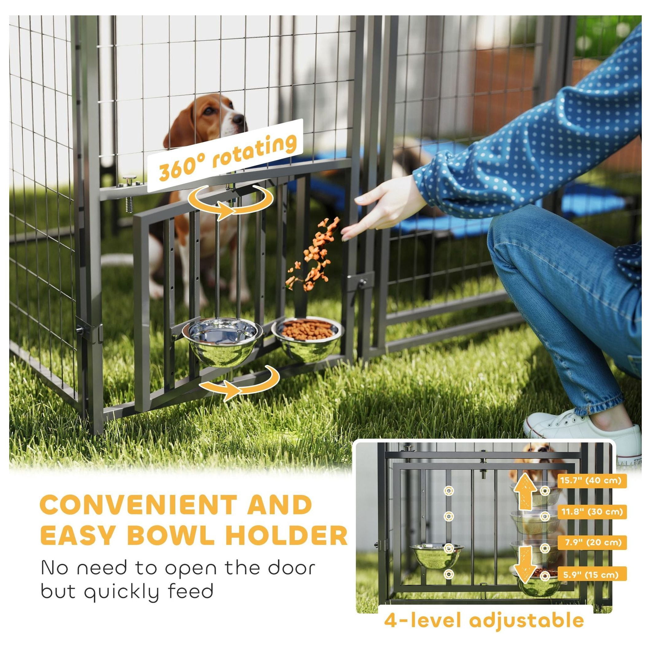 Outdoor Dog Kennel 5.9'x5.9'x6', Large Dog Run with Roof, Rotating Bowls & Adjustable Height Racks - Secure Pet Enclosure