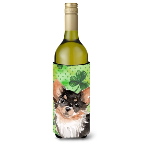 Carolines Treasures BB9564LITERK Long Haired Chihuahua St. Patricks Wine Bottle Beverge Insulator Hugger  Wine Bottle