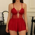 thumbnail image 4 of JSGEK Womens Lace Pajama Lingerie Sets Ruffle V Neck Bow Tie Mesh Cami Tops and Shorts Sexy Sleepwear Set Red M, 4 of 9
